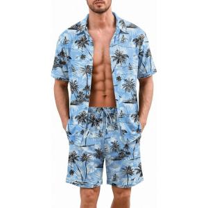 image:imageEkouaer Mens Pajama Sets Button Down Summer Pjs 2 Piece Hawaiian Shirt and Shorts Sets Beach Vacation Loungewear XSXXLCoconut Tree  Light Blue