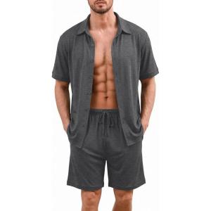 image:imageEkouaer Mens Pajama Sets Button Down Summer Pjs 2 Piece Hawaiian Shirt and Shorts Sets Beach Vacation Loungewear XSXXLDark Grey