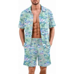 image:imageEkouaer Mens Pajama Sets Button Down Summer Pjs 2 Piece Hawaiian Shirt and Shorts Sets Beach Vacation Loungewear XSXXLFlamingo