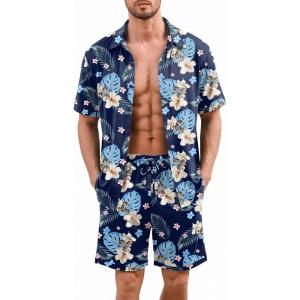 image:imageEkouaer Mens Pajama Sets Button Down Summer Pjs 2 Piece Hawaiian Shirt and Shorts Sets Beach Vacation Loungewear XSXXLHawaiian Flower Blue Leaves
