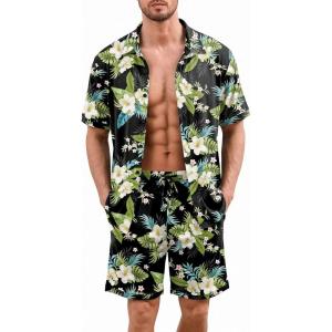 image:imageEkouaer Mens Pajama Sets Button Down Summer Pjs 2 Piece Hawaiian Shirt and Shorts Sets Beach Vacation Loungewear XSXXLHawaiian Flower Green  Blue Leaves