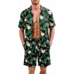 image:imageEkouaer Mens Pajama Sets Button Down Summer Pjs 2 Piece Hawaiian Shirt and Shorts Sets Beach Vacation Loungewear XSXXLHawaiian Flower Green Leaves