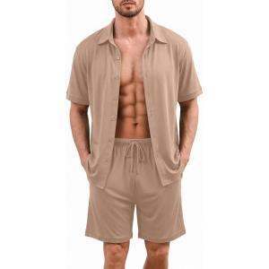 image:imageEkouaer Mens Pajama Sets Button Down Summer Pjs 2 Piece Hawaiian Shirt and Shorts Sets Beach Vacation Loungewear XSXXLKhaki