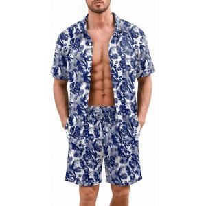 image:imageEkouaer Mens Pajama Sets Button Down Summer Pjs 2 Piece Hawaiian Shirt and Shorts Sets Beach Vacation Loungewear XSXXLNavy Blue Hawaiian Leaves