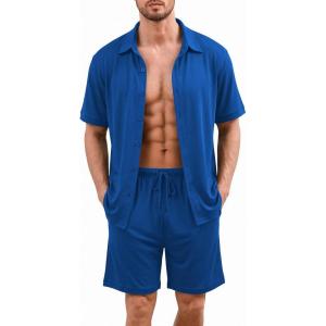 image:imageEkouaer Mens Pajama Sets Button Down Summer Pjs 2 Piece Hawaiian Shirt and Shorts Sets Beach Vacation Loungewear XSXXLRoyal Blue