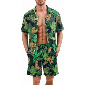 image:imageEkouaer Mens Pajama Sets Button Down Summer Pjs 2 Piece Hawaiian Shirt and Shorts Sets Beach Vacation Loungewear XSXXLTropical Plant Leopard