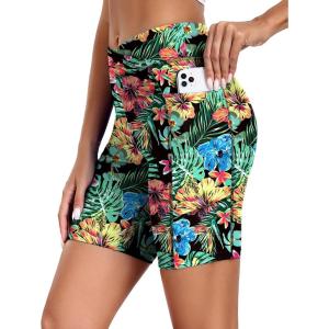 image:imageEkouaer Womens 85 Board Shorts High Waisted Swim Shorts Cross Waist Beach Surf Swimwear Swimsuit Bottoms with Pocket S3XLRed Tropical Flowers