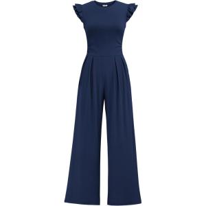 image:imageEkouaer Jumpsuits for Women Dressy Casual Ruffle Cap Sleeve Romper Summer Rib Knit One Piece OutfitsNavy