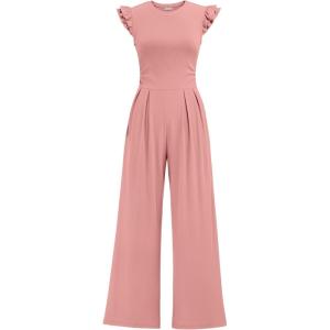 image:imageEkouaer Jumpsuits for Women Dressy Casual Ruffle Cap Sleeve Romper Summer Rib Knit One Piece OutfitsOrange Pink