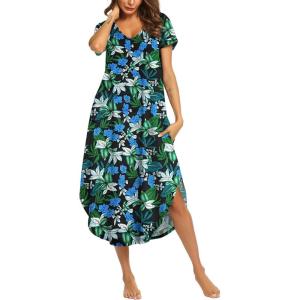 image:imageEkouaer Long Nightgowns for Women Short Sleeve House Dress with Pockets V Neck Sleepshirts Side Split Sleepwear S4XLDark Green Floral