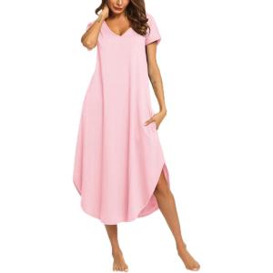 image:imageEkouaer Long Nightgowns for Women Short Sleeve House Dress with Pockets V Neck Sleepshirts Side Split Sleepwear S4XLMisty Rose