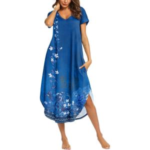 image:imageEkouaer Long Nightgowns for Women Short Sleeve House Dress with Pockets V Neck Sleepshirts Side Split Sleepwear S4XLRoyalblue Floral