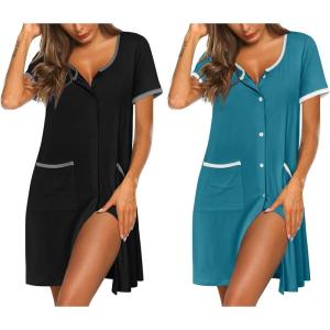 image:imageEkouaer Nightgowns for Women 2 Pack Button Down Sleep Shirts Short Sleeve Nightshirt Sleepwear House Dress with PocketsBlackBlue Green