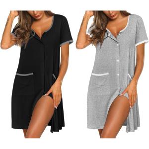 image:imageEkouaer Nightgowns for Women 2 Pack Button Down Sleep Shirts Short Sleeve Nightshirt Sleepwear House Dress with PocketsBlackLight Grey