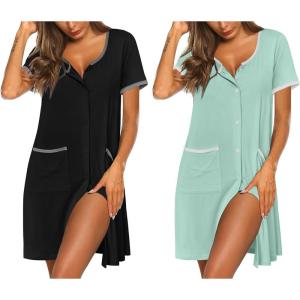 image:imageEkouaer Nightgowns for Women 2 Pack Button Down Sleep Shirts Short Sleeve Nightshirt Sleepwear House Dress with PocketsBlackMint Green