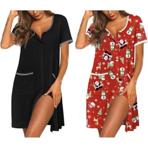image:imageEkouaer Nightgowns for Women 2 Pack Button Down Sleep Shirts Short Sleeve Nightshirt Sleepwear House Dress with PocketsBlackXmas