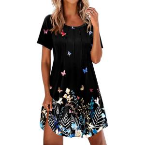 image:imageEkouaer Nightgowns for Women Pleated Nightshirts Short Sleeve Sleepshirts Crew Neck Sleepwear Soft Night Gown SleepdressBlack Colorful Butterfly