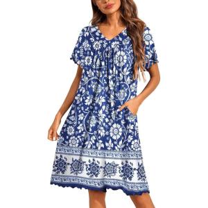 image:imageEkouaer Nightgowns for Women Short Sleeve House Dress with Pockets Pleated Soft Moomoo V Neck SleepwearBlue Bohemian Flowers