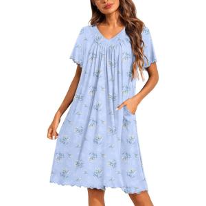 image:imageEkouaer Nightgowns for Women Short Sleeve House Dress with Pockets Pleated Soft Moomoo V Neck SleepwearBlue Flowers
