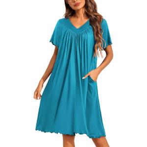image:imageEkouaer Nightgowns for Women Short Sleeve House Dress with Pockets Pleated Soft Moomoo V Neck SleepwearBlue Green