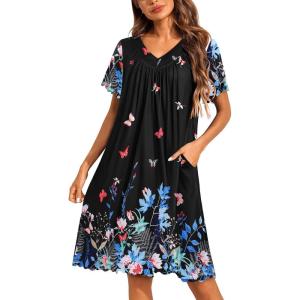 image:imageEkouaer Nightgowns for Women Short Sleeve House Dress with Pockets Pleated Soft Moomoo V Neck SleepwearButterfly Floral