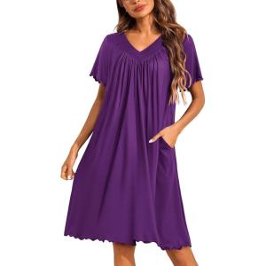 image:imageEkouaer Nightgowns for Women Short Sleeve House Dress with Pockets Pleated Soft Moomoo V Neck SleepwearDark Purple