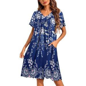 image:imageEkouaer Nightgowns for Women Short Sleeve House Dress with Pockets Pleated Soft Moomoo V Neck SleepwearEvening Blue Vines
