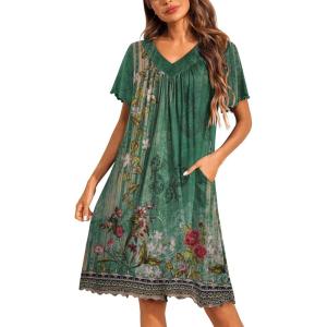 image:imageEkouaer Nightgowns for Women Short Sleeve House Dress with Pockets Pleated Soft Moomoo V Neck SleepwearGreen Ethnic Flower