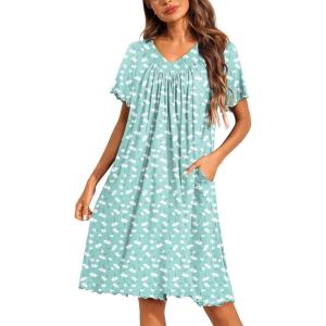 image:imageEkouaer Nightgowns for Women Short Sleeve House Dress with Pockets Pleated Soft Moomoo V Neck SleepwearGreen Floral