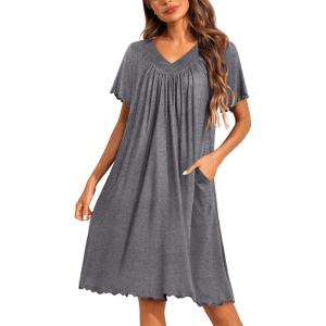 image:imageEkouaer Nightgowns for Women Short Sleeve House Dress with Pockets Pleated Soft Moomoo V Neck SleepwearMid Grey