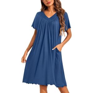 image:imageEkouaer Nightgowns for Women Short Sleeve House Dress with Pockets Pleated Soft Moomoo V Neck SleepwearNavy