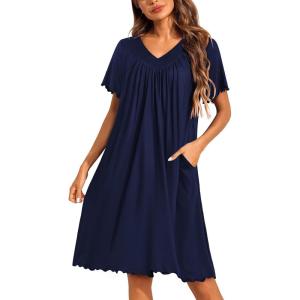 image:imageEkouaer Nightgowns for Women Short Sleeve House Dress with Pockets Pleated Soft Moomoo V Neck SleepwearNavy Blue