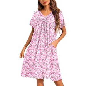image:imageEkouaer Nightgowns for Women Short Sleeve House Dress with Pockets Pleated Soft Moomoo V Neck SleepwearPink Floral