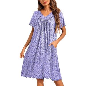 image:imageEkouaer Nightgowns for Women Short Sleeve House Dress with Pockets Pleated Soft Moomoo V Neck SleepwearPurple Floral