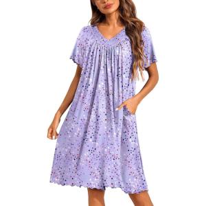 image:imageEkouaer Nightgowns for Women Short Sleeve House Dress with Pockets Pleated Soft Moomoo V Neck SleepwearPurple Star