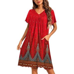 image:imageEkouaer Nightgowns for Women Short Sleeve House Dress with Pockets Pleated Soft Moomoo V Neck SleepwearRed Floral