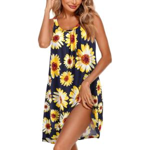 image:imageEkouaer Womens Nightgown Sleeveless Sleepwear Wide Strap Sleep Shirt Pleated Scoopneck Nightshirt S4XLYellow Sun Flower