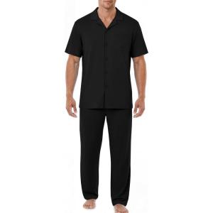 image:imageEKouear Mens Pajamas Set Short Sleeve pjs sets Classic Button Down Sleepwear Long Pants Lounge Set with PocketBlack