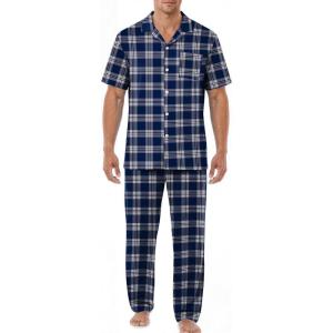 image:imageEKouear Mens Pajamas Set Short Sleeve pjs sets Classic Button Down Sleepwear Long Pants Lounge Set with PocketBlue Plaid
