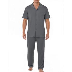image:imageEKouear Mens Pajamas Set Short Sleeve pjs sets Classic Button Down Sleepwear Long Pants Lounge Set with PocketDeep Gray