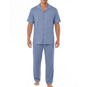 image:imageEKouear Mens Pajamas Set Short Sleeve pjs sets Classic Button Down Sleepwear Long Pants Lounge Set with PocketGray Blue