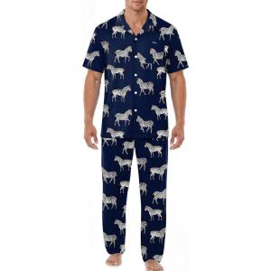 image:imageEKouear Mens Pajamas Set Short Sleeve pjs sets Classic Button Down Sleepwear Long Pants Lounge Set with PocketNavy Zebra