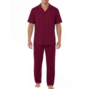 image:imageEKouear Mens Pajamas Set Short Sleeve pjs sets Classic Button Down Sleepwear Long Pants Lounge Set with PocketWine Red