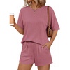 image:imageEkouaer Women 2 Piece Lounge Set 2026 Summer Cruise Outfits Ribbed Loose Short Sleeve Matching Sets with pocketGeranium Pink