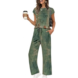 image:imageEkouaer Two Piece Sets for Women Summer Soft Casual Cap Sleeve Lounge Sets Travel Vacation Airport OutfitsFloral Green