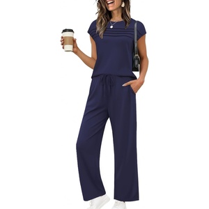 image:imageEkouaer Two Piece Sets for Women Summer Soft Casual Cap Sleeve Lounge Sets Travel Vacation Airport OutfitsNavy Blue