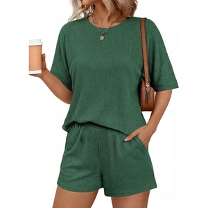 image:imageEkouaer Women 2 Piece Lounge Set 2026 Summer Cruise Outfits Ribbed Loose Short Sleeve Matching Sets with pocketEvergreen