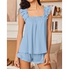 image:imageEkouaer Pajama for Women Set 2 Piece Ruffle Pjs Soft Tank Top and Shorts Sleepwear Set Bridal Pajama Set for WomenLight Blue