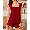 image:imageEkouaer Pajama for Women Set 2 Piece Ruffle Pjs Soft Tank Top and Shorts Sleepwear Set Bridal Pajama Set for WomenWine Red