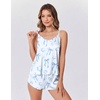 image:imageEkouaer Satin Pajamas Set for Women Silk Cami Pjs Sets Soft Sleepwear V Neck Camisole Top and ShortsLight Blue Print